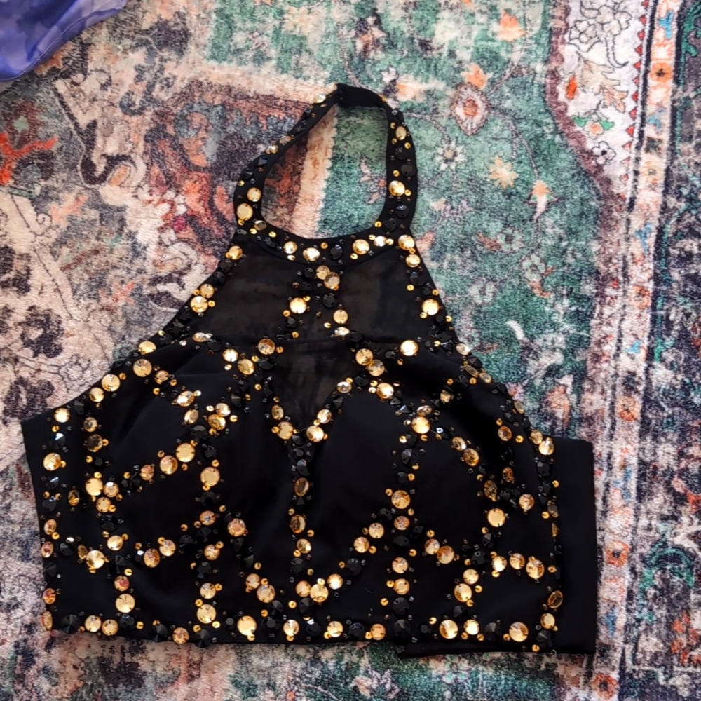 Black halter top with gold and black embroidered
